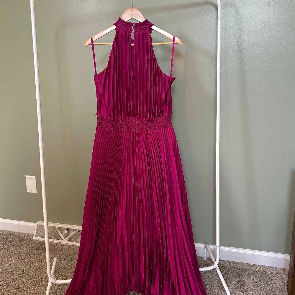 Magenta Pleated Halter Maxi Dress | Satin Formal Dress | Wedding Guest